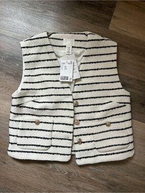 H&M Cream and Black Striped Button Front Vest